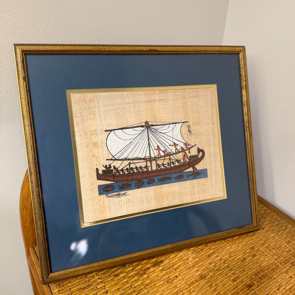 Vintage Egyptian Papyrus Painting Nile Boat Hand Painted Signed Framed Wall Art